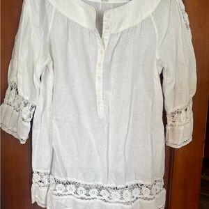 Chico's Optic White 100% Linen Western Lacey Tunic Top Boho Chic Size 2 - Large